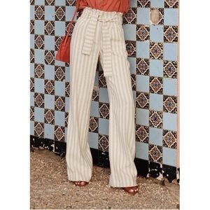 Sezane Arthur Trouser Paperbag Waist Pants in Ecru Beige Stripe size 4